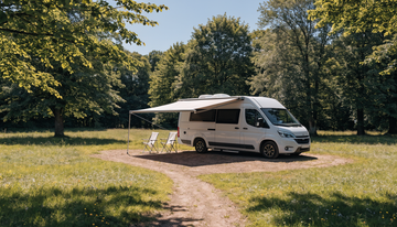 Weißes Wohnmobil mit Markise auf einem grünen Stellplatz zwischen Bäumen