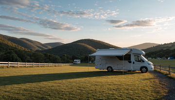 Weißes Wohnmobil auf einem Campingplatz im Abendlicht